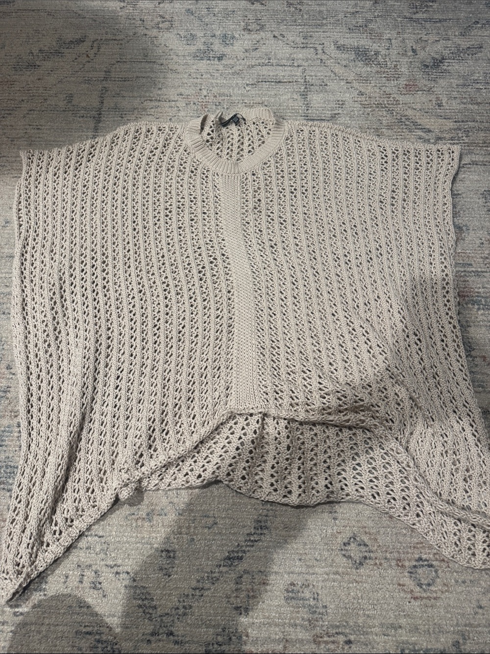 Kozan Open-Knit Crewneck Sweater Poncho in Light Cream